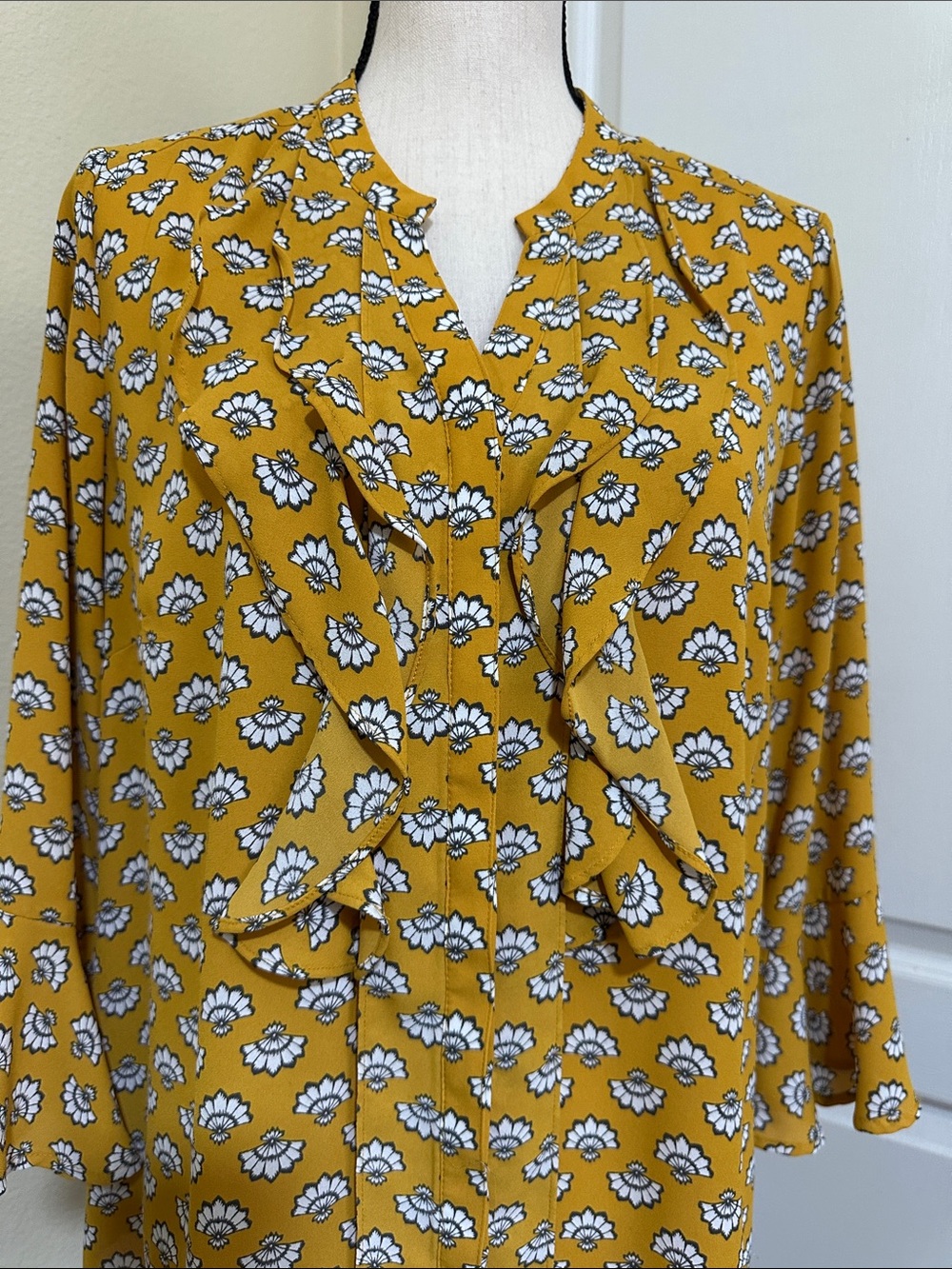 Charter Club Mustard Floral Button-Front Split-Neck Blouse